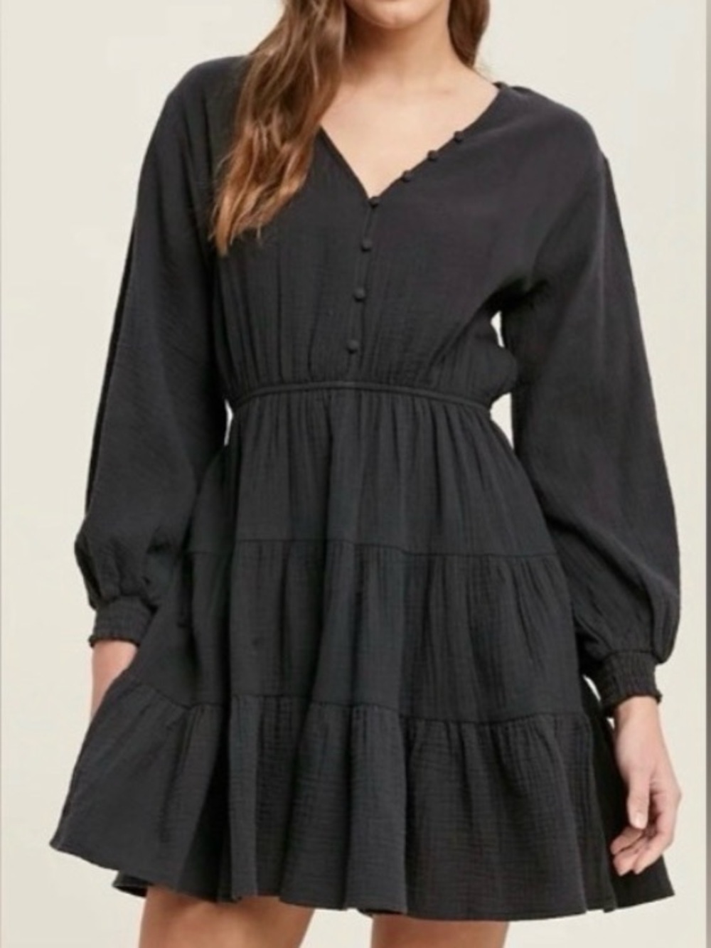 Wishlist “Kylie” Black Cotton Gauze Mini Dress w Flirty Tiered Ruffle Skirt (M)